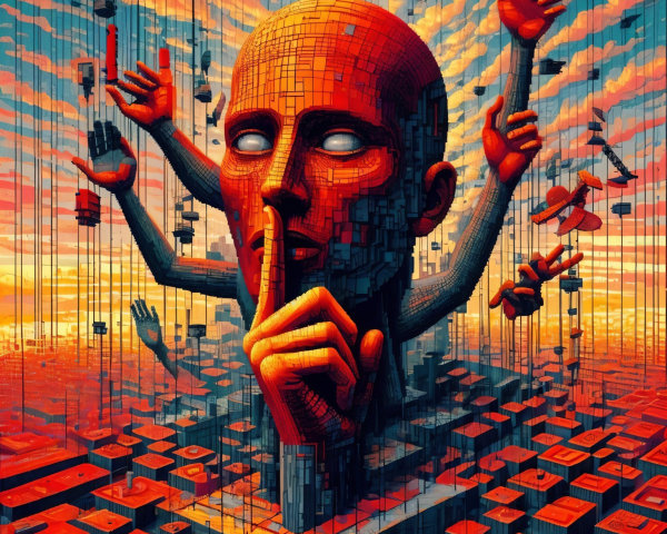 Surreal Scene with Abstract Head and Colorful Sky