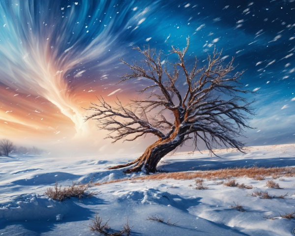 Solitary Tree in Snowy Landscape with Vibrant Sky