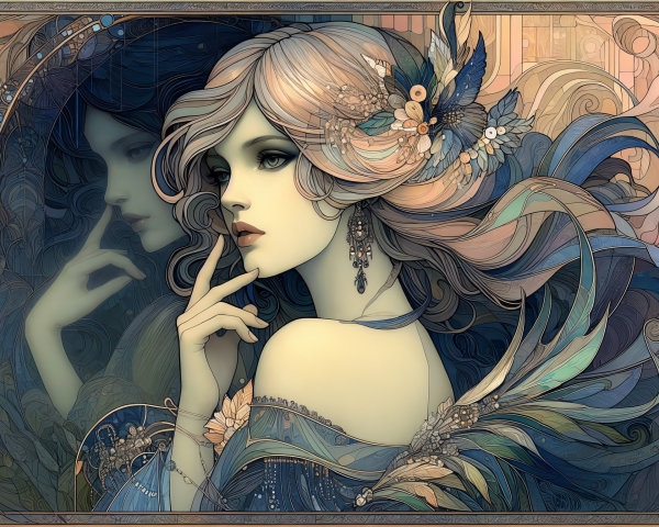 Elegant Woman with Flowing Hair and Floral Accents