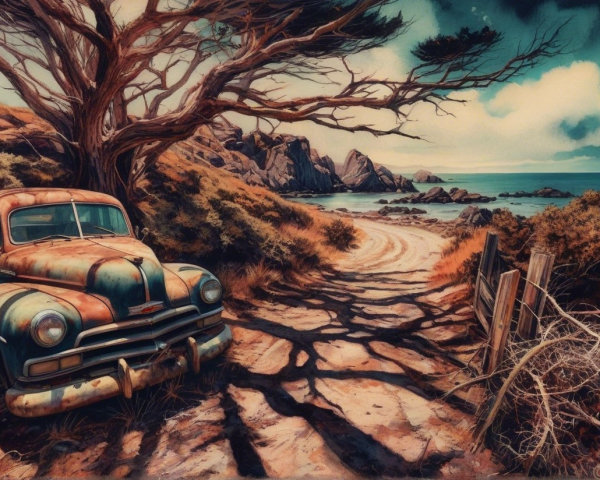 Vintage Rusted Pickup Truck by Coastal Dirt Road