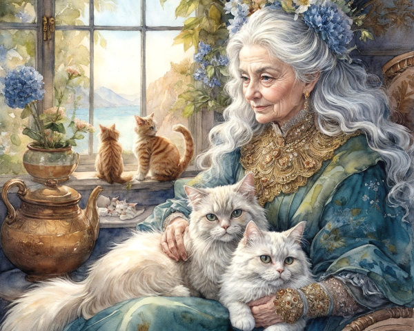 Elderly Woman with Cats in Sunlit Coastal Room