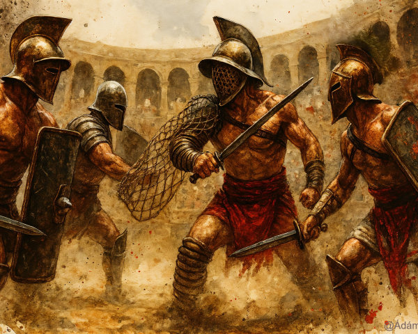 Gladiators in Combat within an Ancient Arena