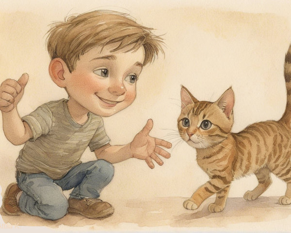 Young Boy Joyfully Interacting with a Tabby Kitten