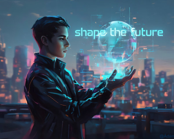 Young man with holographic globe on rooftop at dusk