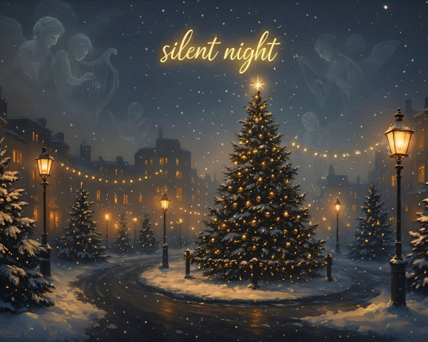 Winter Street Scene with Christmas Tree and Snow