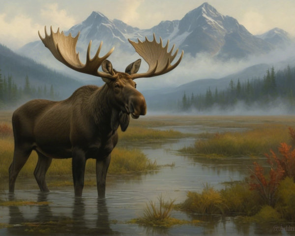 Moose in a Misty Wetland with Mountains and Foliage