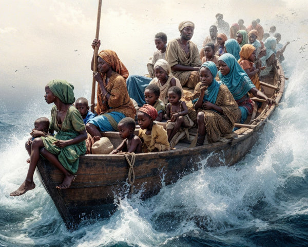 Diverse Group in Wooden Boat on Turbulent Sea