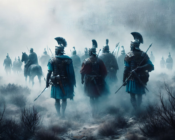 Ancient warriors in armor march through foggy landscape
