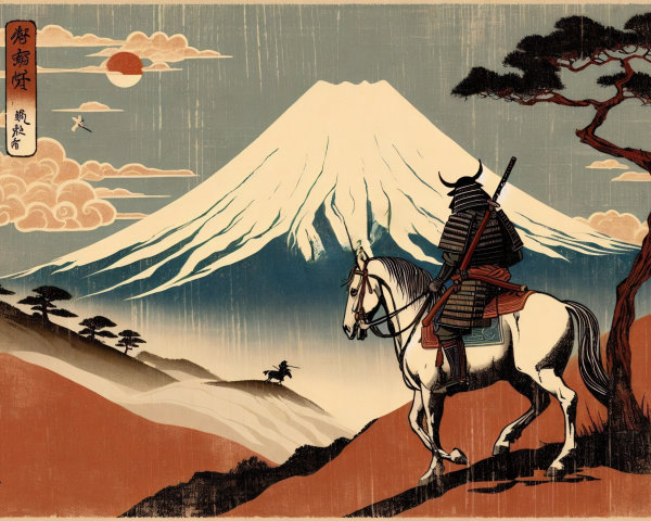 Traditional Japanese Woodblock Print of Samurai and Fuji