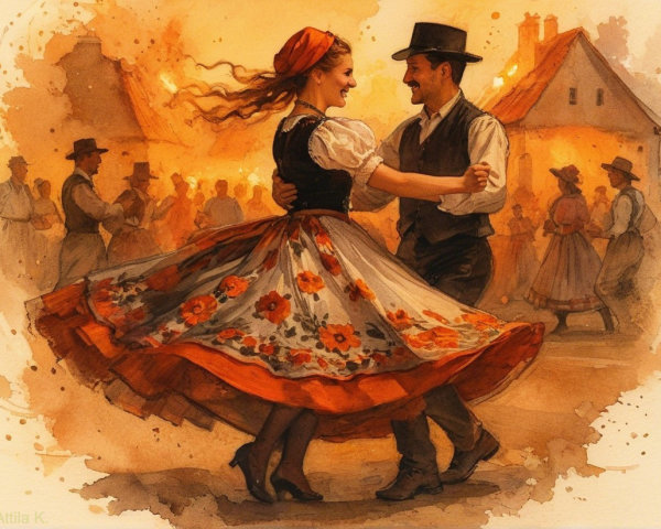 Couple Dancing in Traditional Attire at Festive Event