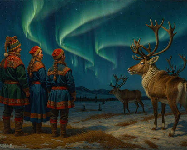 Arctic Scene with Traditional Attire and Northern Lights