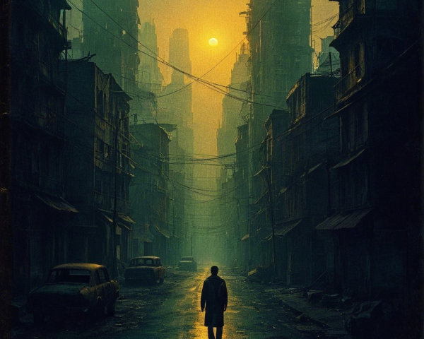 Solitary Figure in a Dystopian Urban Landscape