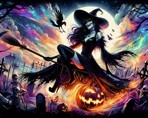 Witch Flying on Broomstick in Spooky Graveyard Scene