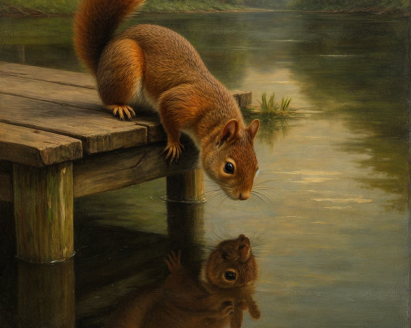 Squirrel on Dock Observing Its Reflection in Water