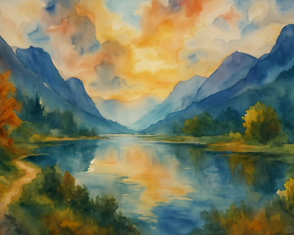 Tranquil River and Majestic Mountains in Autumn Foliage