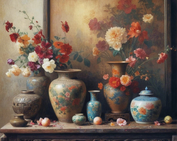 Ornate Vases with Vibrant Flowers in Still Life Arrangement