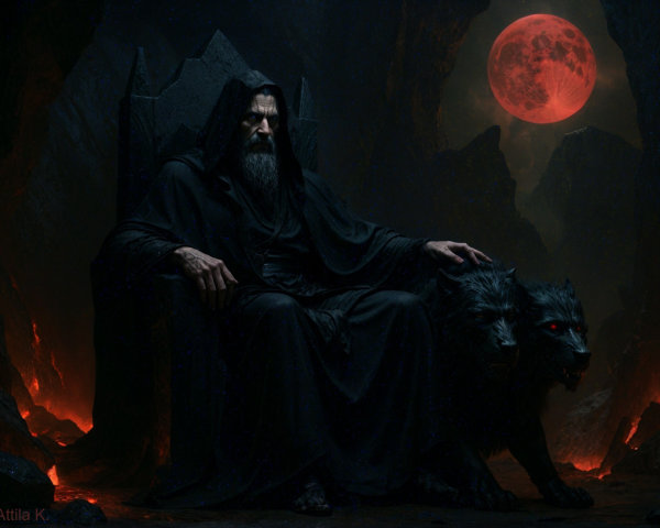 Cloaked Figure on Throne with Wolves in Dark Landscape