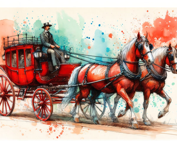 Vibrant Illustration of a Red Carriage and Horses