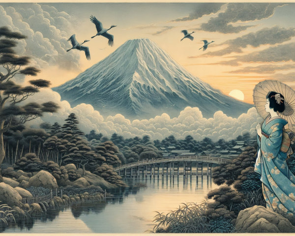 Serene Landscape with Woman in Kimono and Mount Fuji