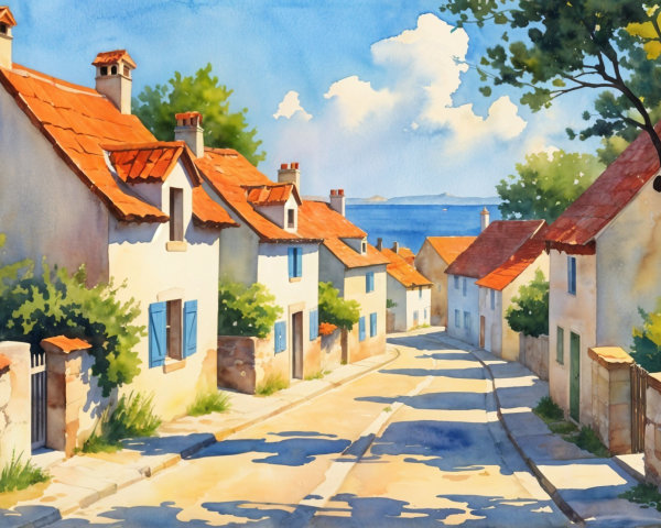Coastal Village with White Houses and Blue Sea