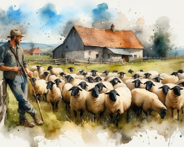 Pastoral Scene of Shepherd and Grazing Sheep