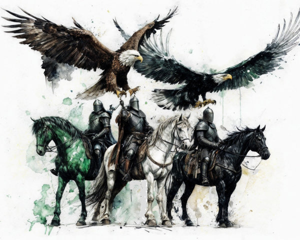 Armored Knights on Colorful Horses with Soaring Eagles