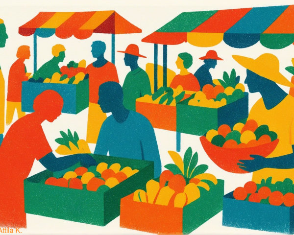 Vibrant Market Scene with Colorful Stalls and Shoppers