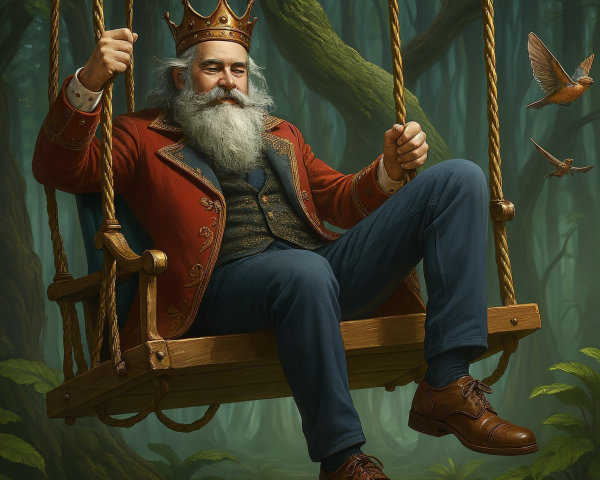Elderly man on swing in enchanted forest setting