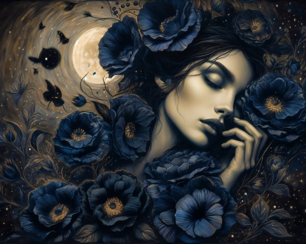 Serene Woman Surrounded by Blue Flowers and Butterflies