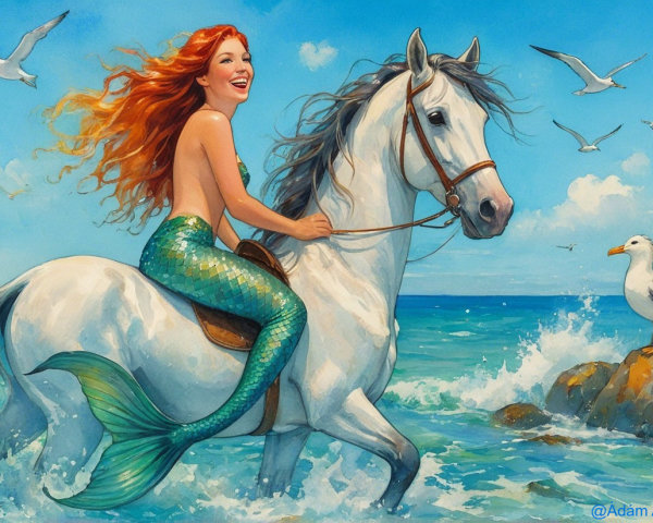 Mermaid and Horse by the Shoreline with Waves
