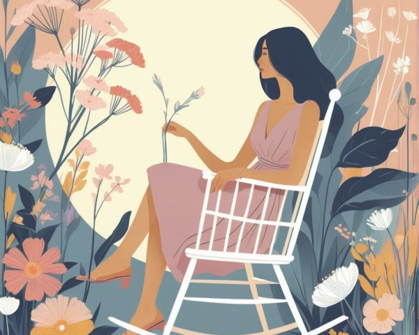 Serene Illustration of a Woman in a Floral Setting