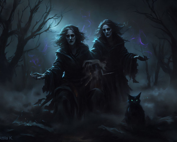 Ghostly Figures in Moonlit Misty Landscape