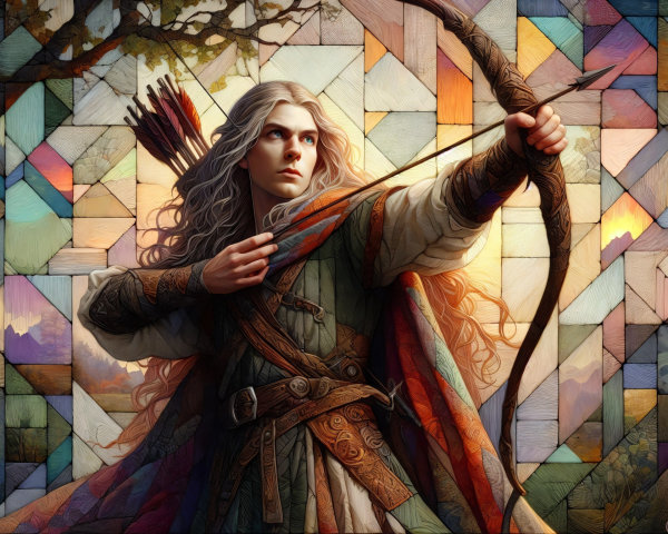 Ethereal Figure with Bow and Stained Glass Background