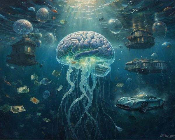 Surreal Underwater Scene with Jellyfish and Objects