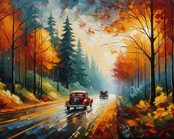Autumn Landscape with Vintage Cars on Winding Road
