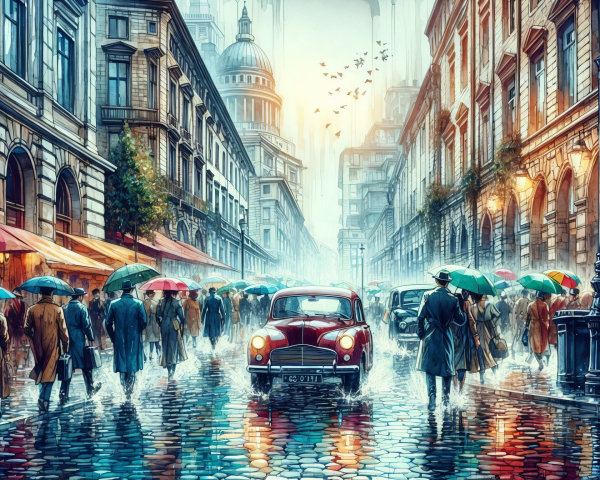 Vibrant Rainy Day Street Scene in a Bustling City