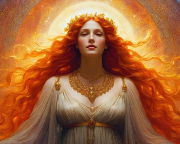 Radiant Woman with Fiery Red Hair and White Gown