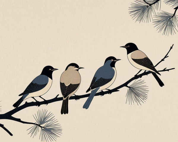 Stylized Birds on Branch with Pine Needles and Beige Background