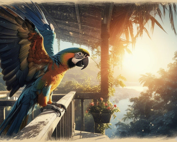 Vibrant Macaw on Balcony with Sunset Landscape