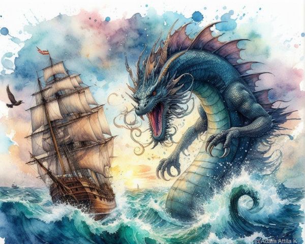 Dynamic Seascape with Sea Serpent and Sailing Ship