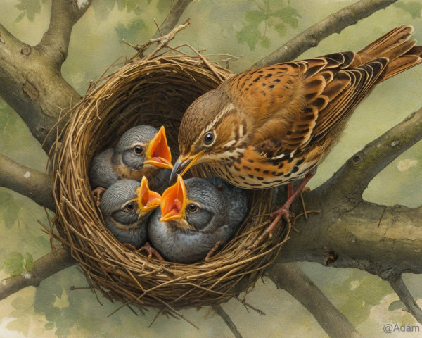 Mother Bird Feeding Three Chicks in a Nest