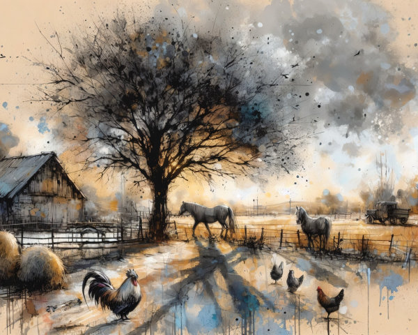 Serene Rural Scene with Sunset and Farm Elements