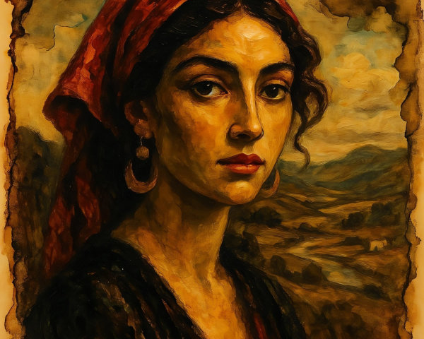 Portrait of a Woman with Dark Hair and Red Scarf