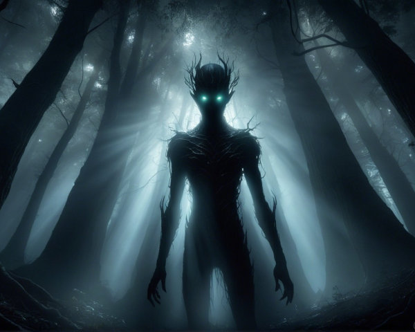 Tall figure in shadowy forest with glowing blue eyes