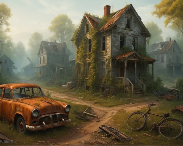 Abandoned Village with Overgrown Nature and Rusting Vehicles