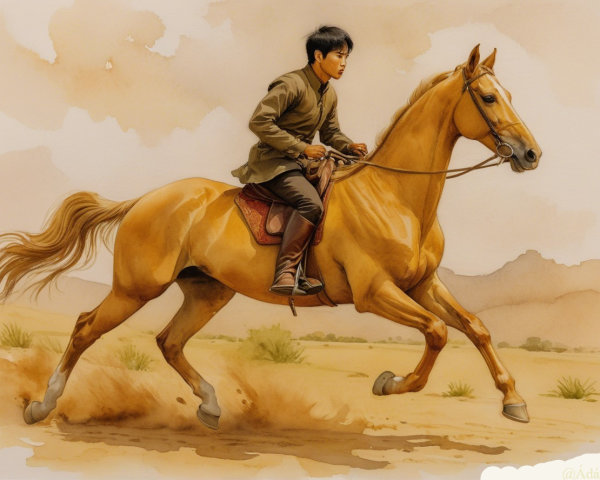 Young rider on a golden horse in sandy landscape