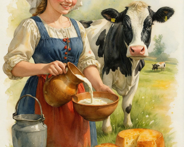 Young Woman Pours Milk in Serene Rural Setting