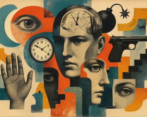 Surreal Collage of Human Faces and Symbolic Elements