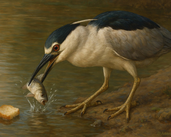 Heron at Water's Edge with Fish and Calm Reflection