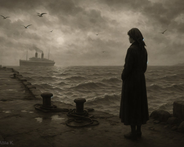 Solitary Figure on Misty Pier with Turbulent Waters